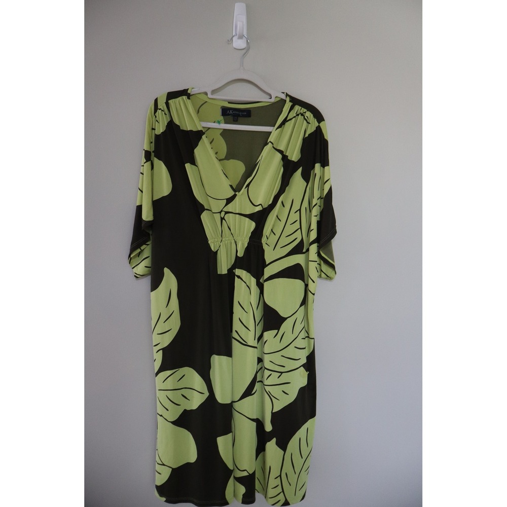 Tropical Summer Anne Klein Dress L/XL Green Floral Empire Waist Kimono Sleeve